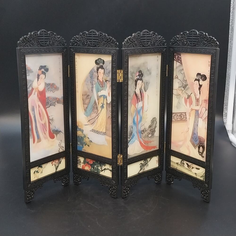 Chinese Mini Folding Tabletop Screen 4 Panel Double Sided Geisha Asian Decor Vtg